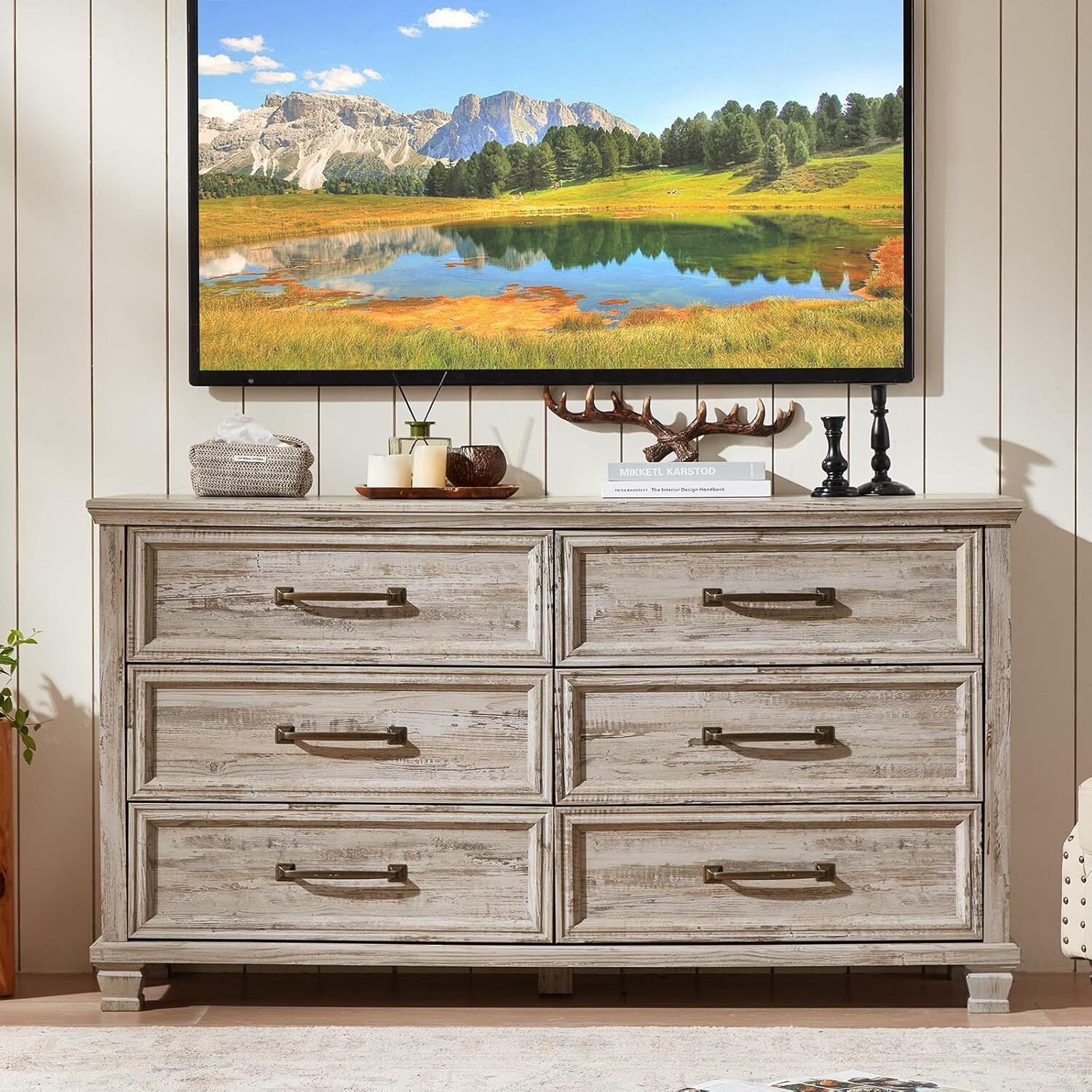 LELELINKY 6 Drawer Wood Dresser Furniture, Double Tier Storage Cabinet for Bedroom & Living Room, Grey Finish