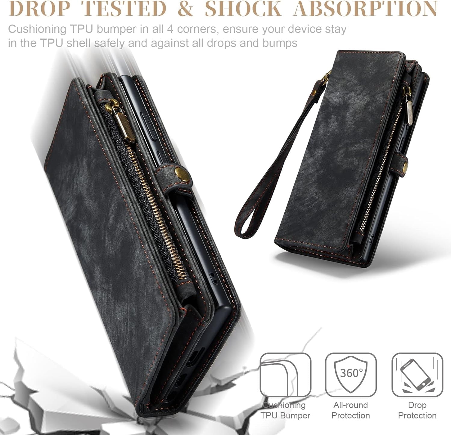 Phone Case for Samsung Galaxy S23 Ultra 5G Zipper Wallet Detachable Cover with Leather Flip Credit Cash Card Holder Mobile Cell Accessories S23Ultra 23S S 23 23Ultra 6.8 inch Women Men Black