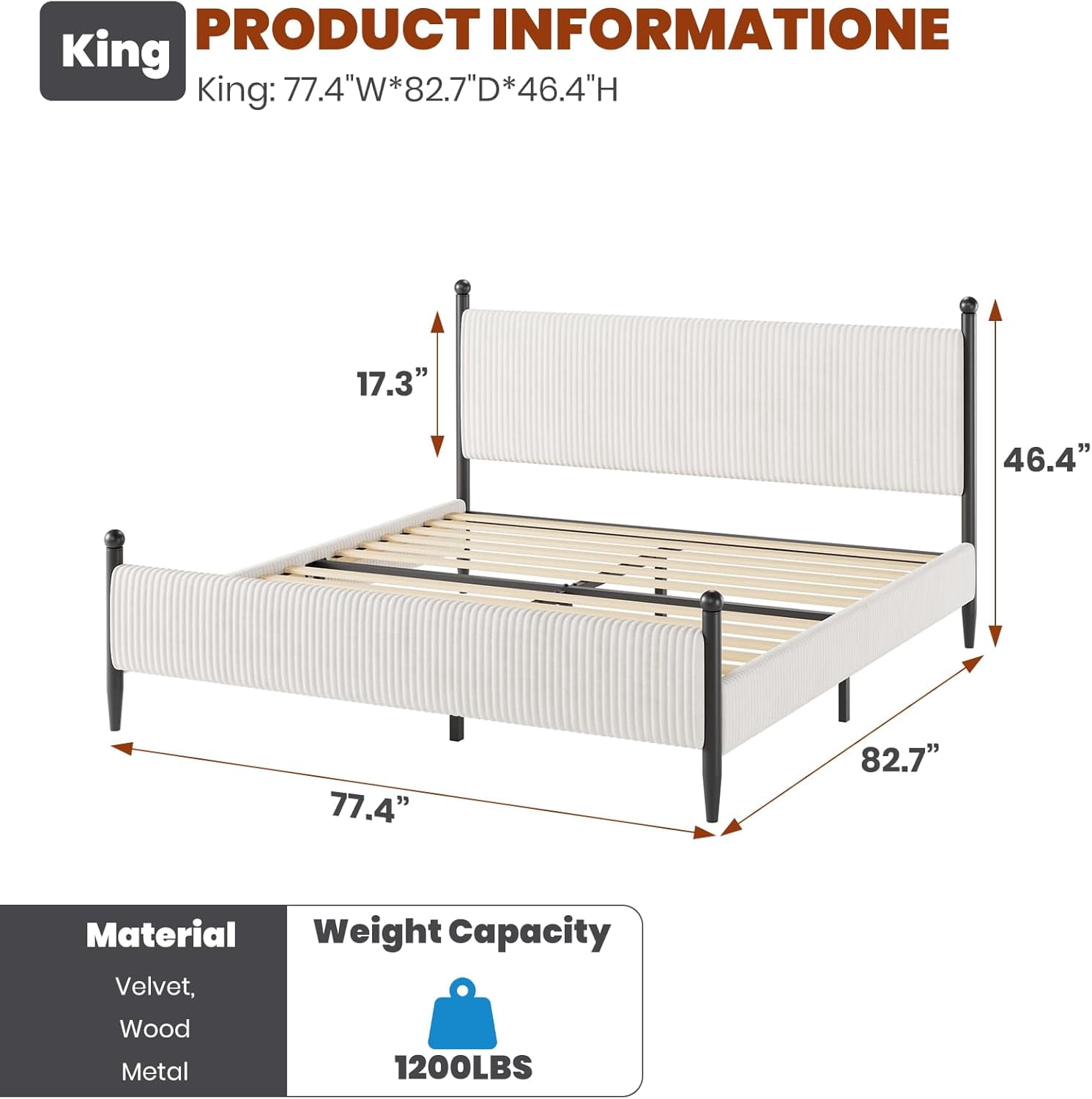 King Size Bed Frame - with Vertical Stripes headboard, Corduroy upholstered Bed upholstered Bed Frame with Vintage Metal Legs, no Box Spring Needed, Easy Assembly, White