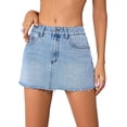 thumbnail image 4 of Falda corta casual de mezclilla con bolsillo y dobladillo sin rematar de cintura alta para mujer, 4 of 5