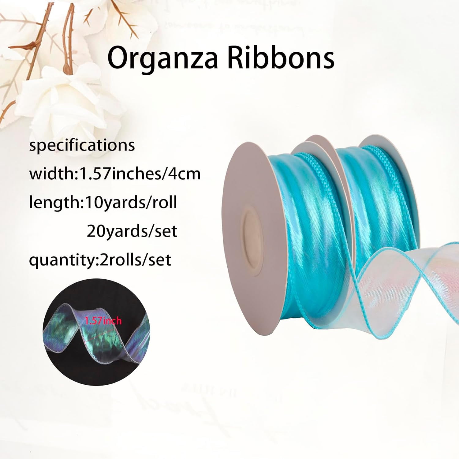 2 Rolls Laser Blue Organza Ribbon 1-1/2 Inch Wide 10 Yards for Gift wrap Bow DIY Craft Bouquet Wreath Baking Baby Shower Wedding Parties Valentine Christmas Tree Decoration