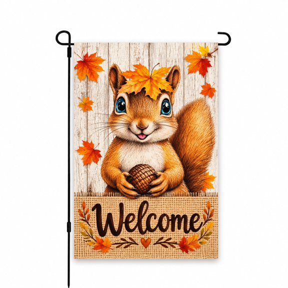 Welcome Garden Flag 12x18 Inch, Cute Squirrel & Autumn Leaves Design, Warm Outdoor Decor for Yard, Lawn, Patio or Porch Display, Fall Seasonal Accent