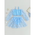 thumbnail image 4 of Bslissey Toddler Little Girls 3Pcs Bikini Swimsuits Long Sleeve Swimwear Cami Tops + Blue Shorts + 3D Flower Mesh Skirt 1T 2T 3T 4T 5T 6T Kids Cute Summer Bathing Suits, 4 of 9