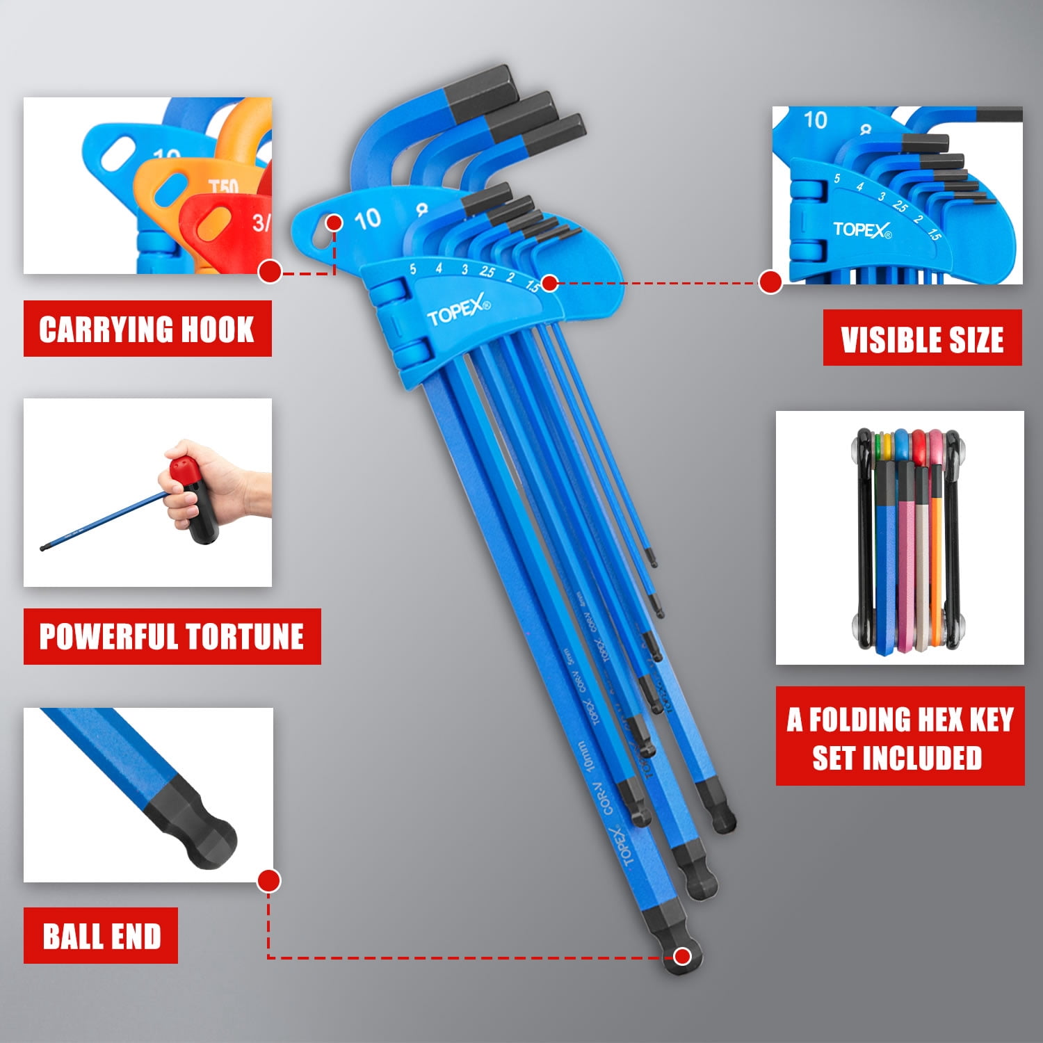 TOPEX 38Pcs Allen Key Set Hex Key Allen Wrench Folding Hex Key Ball End Metric/SAE/Star