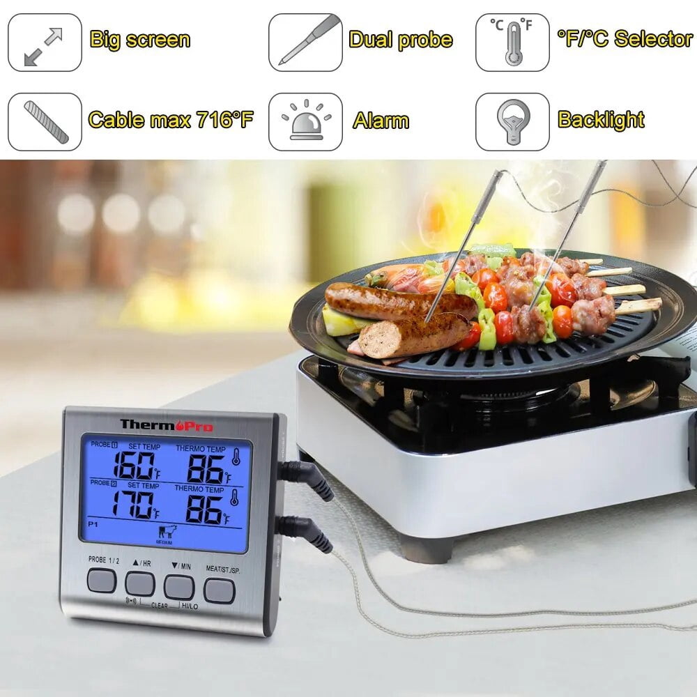 ThermoPro TP17 Dual Probe Cooking Meat Thermometer Large LCD Backlight Food Grill Thermometer with Timer Mode for Smoker Kitchen Oven BBQ