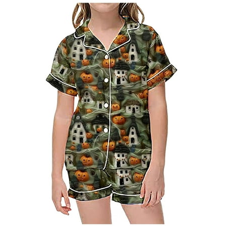 

KUNKASA Children Oversized Sets Casual Two Piece Graphic Camouflage Print Short Sleeve Button Turn Down Collar Outfit Clothes for Kids 6-7 Years