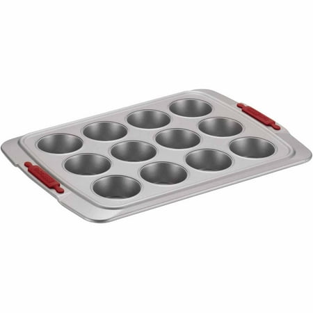 Reg Muffin - Cake Boss Deluxe Nonstick Bakeware 12-Cup Muffin Pan, Gray with Red Silicone Grips