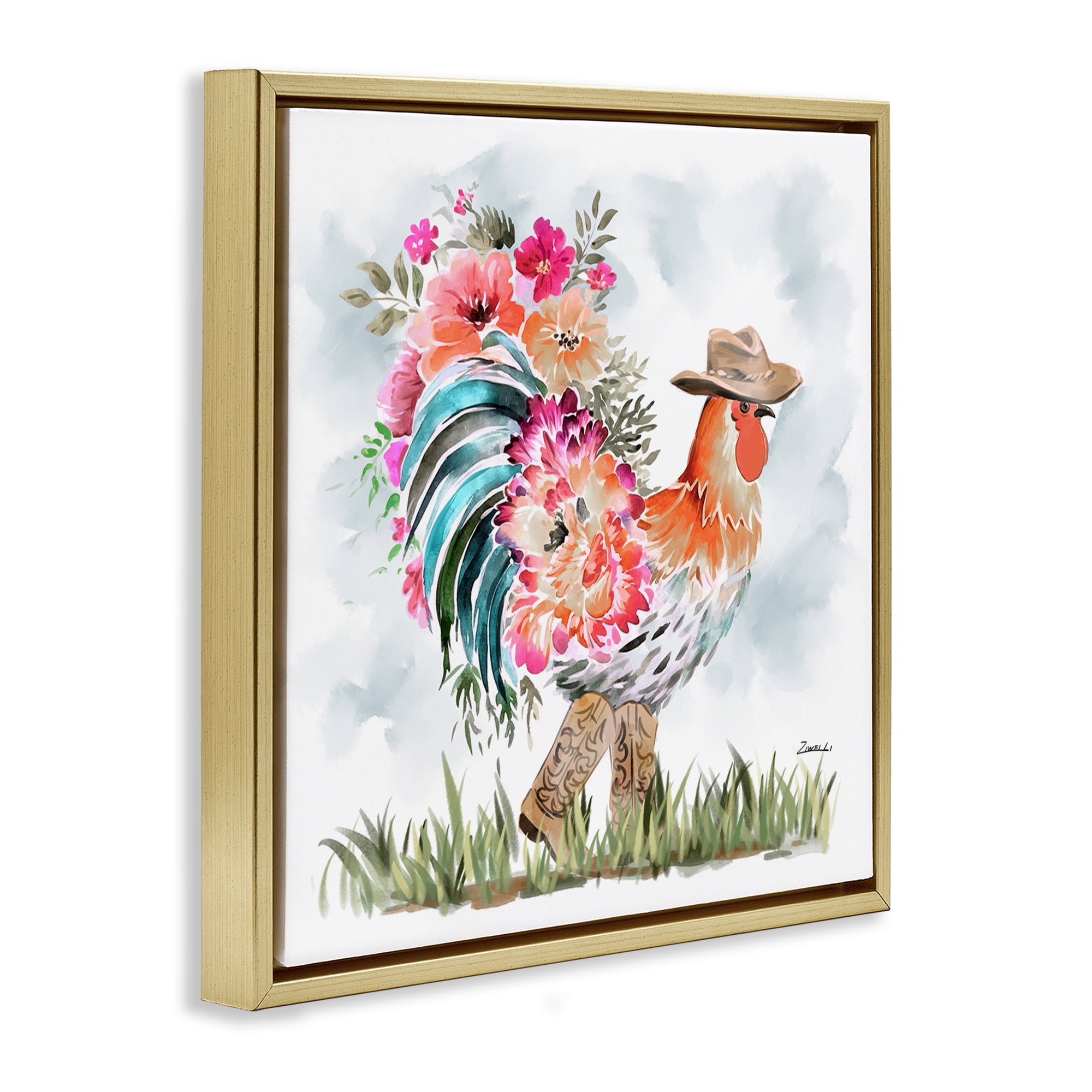 Stupell Industries Blooming Cowgirl Hen Animals & Insects Painting Gold Floater Framed Canvas Art Print Wall Art, 25 x 25