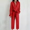 thumbnail image 2 of Womens Pant Suits Long Sleeve Shirts Long Pants with Pockets Casual Shirts Button Down Outfits Comfy Loungewear Turndown Neck 2 Pieces Loose Fit Sets, Red (Medium), 2 of 6