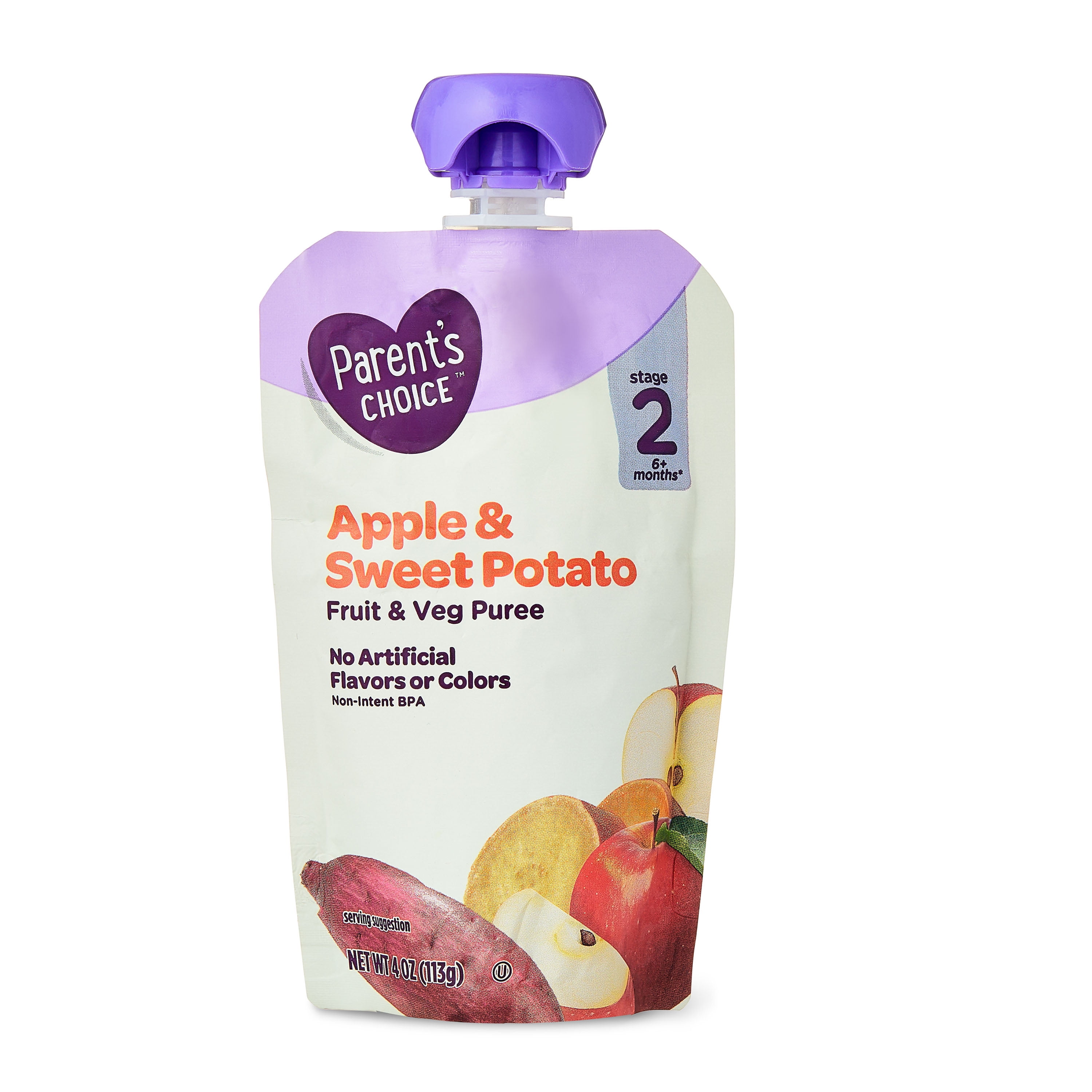 (3 pack) Parent's Choice Stage 2 Baby Food Apple and Sweet Potato Puree, 4 oz Pouch