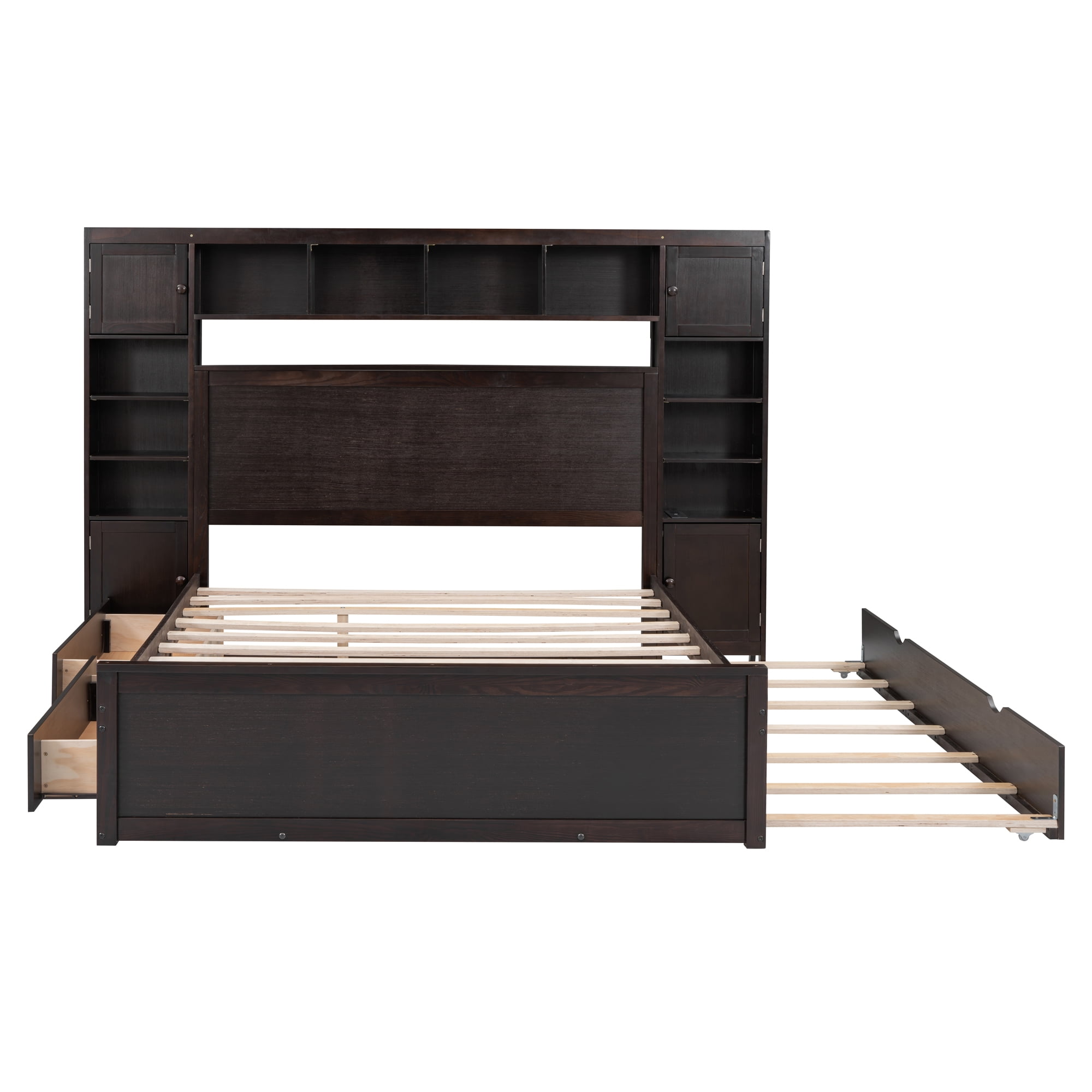 Aukfa Queen Size Bed Frame with All-in-One Cabinet and Shelves, Wooden Functional Bed with Trundle and Storage Drawers, USB Ports Outlets, Espresso