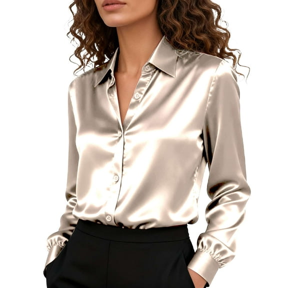 BadPiggies Womens Satin Silk Button Down Shirts Soft Silky Long Sleeve Business Shirts Dress Blouses Tops (M, Champagne)