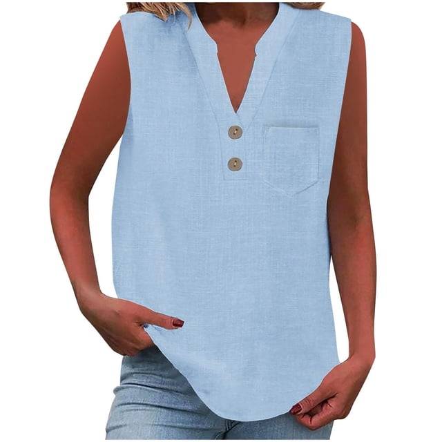 Admvng Tank Tops for Women Solid Color V-Neck Button Sleeveless Pocket Pullover Tank Top S-2XL