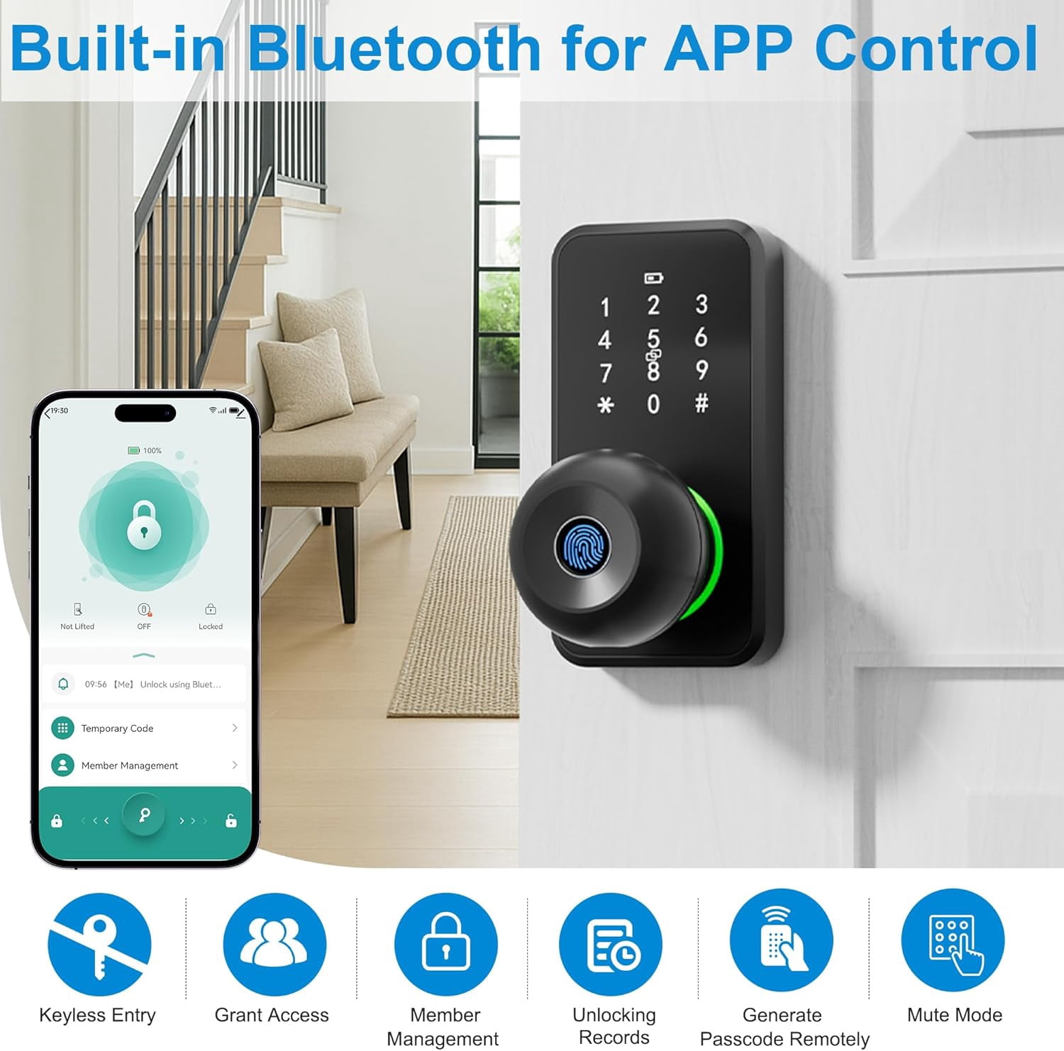 Hansang Smart Door Lock with Keypad and Fingerprint, Keyless Entry Electronic Door Knob for Front Door, Easy to Install