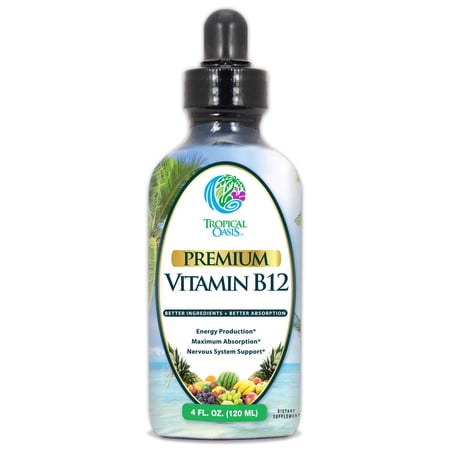 Tropical Oasis Sublingual Vitamin B12 Liquid Drops (as Methylcobalamin) - Maximum Absorption - Help Fights fatigue and provides natural energy* -Vegan, Non-GMO, Gluten Free- Strawberry Flavor - 4 oz