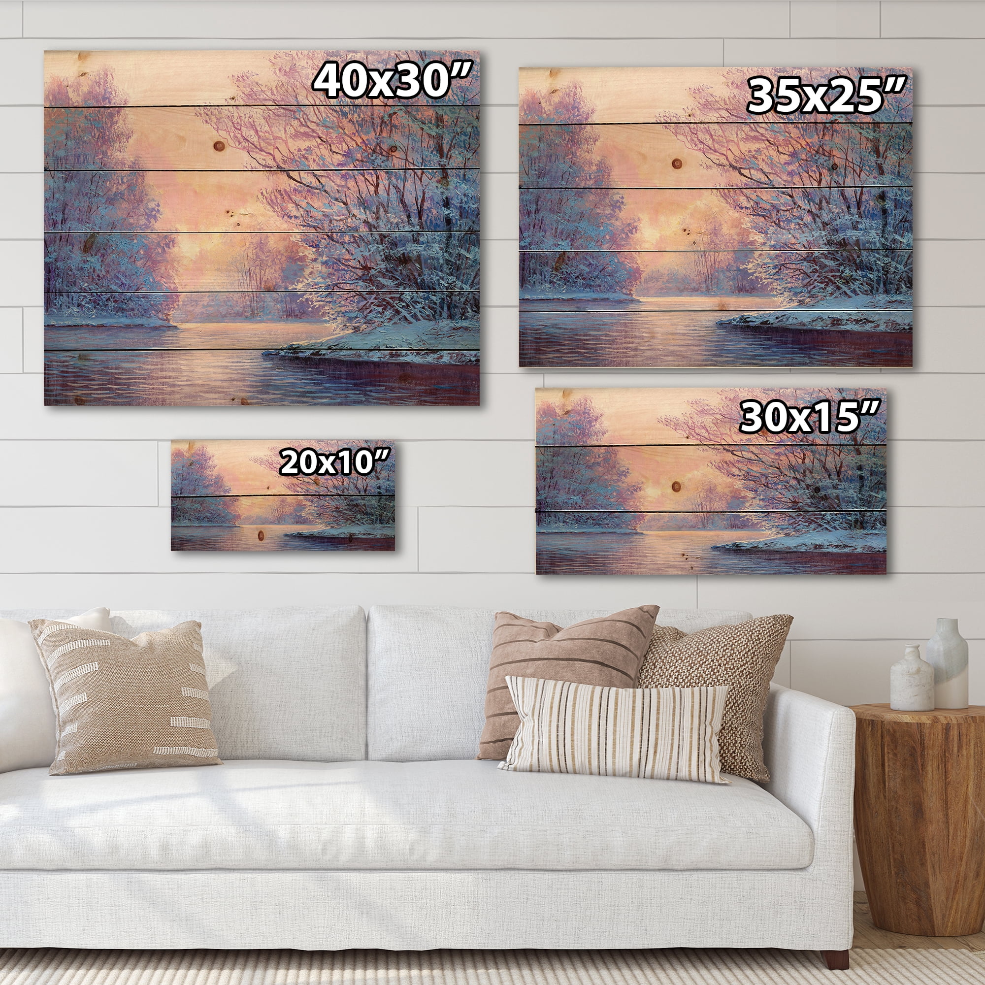 Designart 'The River Original With Winter Landscape' Lake House Print on Natural Pine Wood