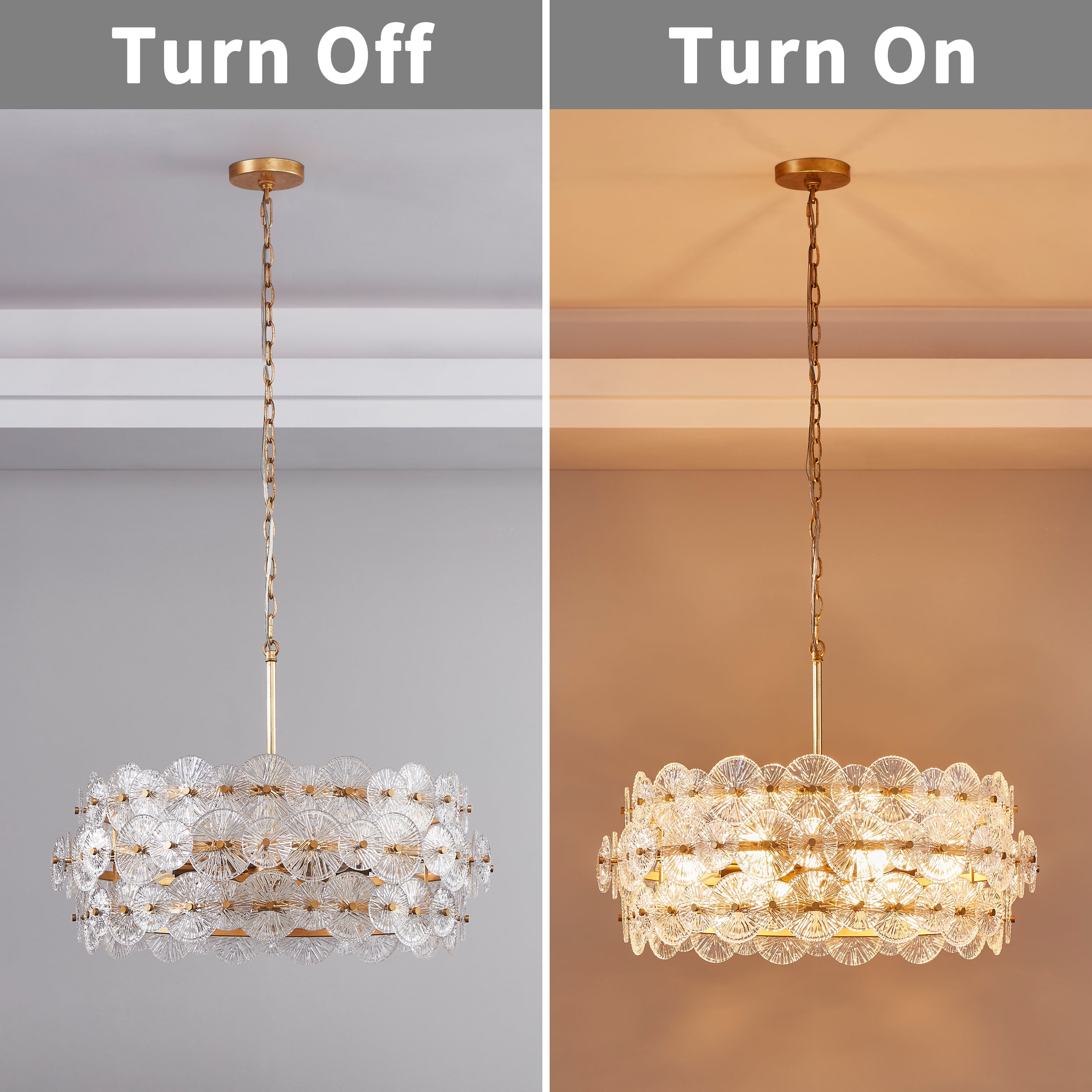 KAWOTI 6-Light Gold Glam Chandelier, DIY Island Pendant Light with Hand-Made Glass Discs for Living Room Dining Room Bedroom Hotel