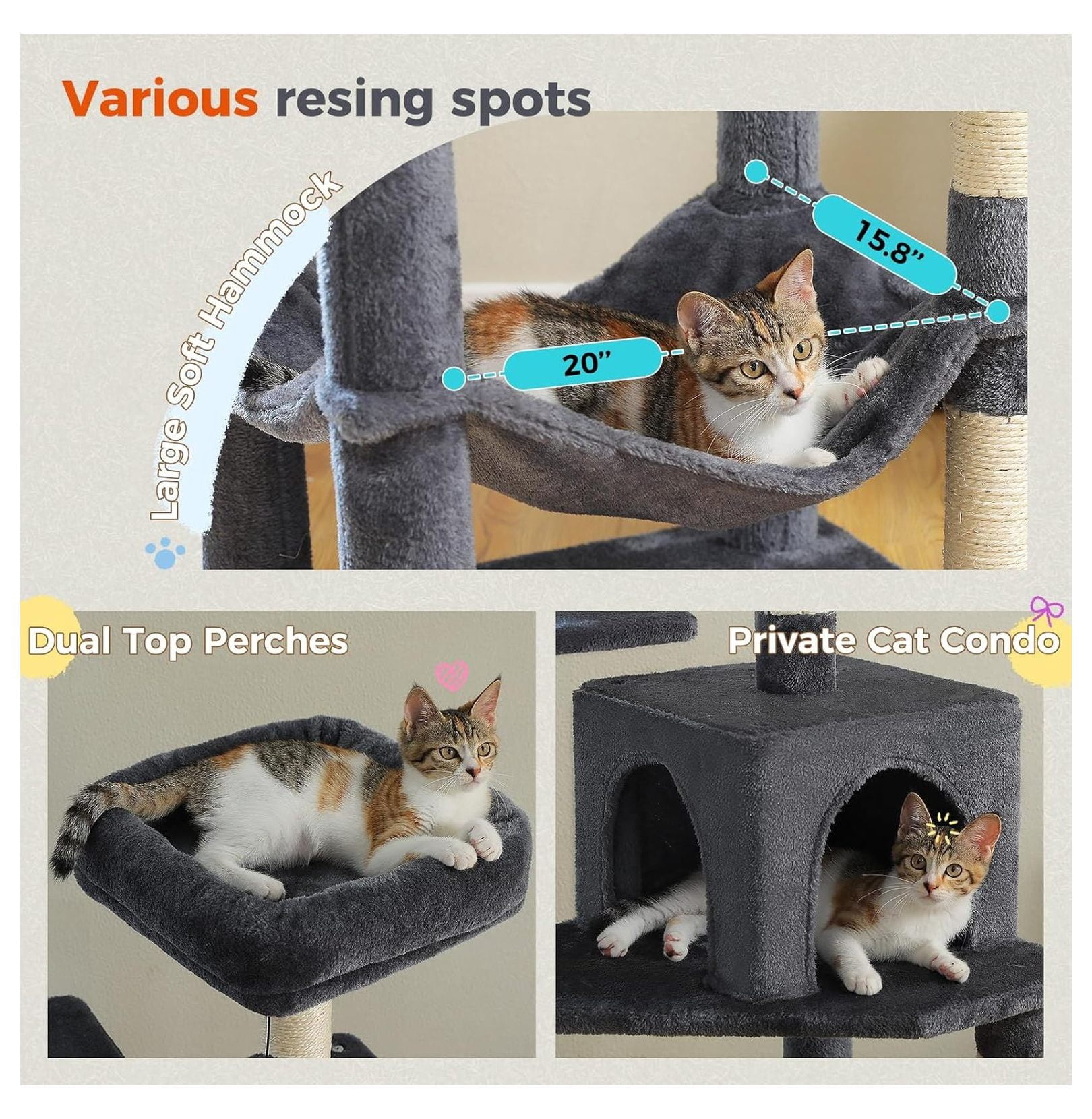 Cat Tree 56.3'' Multi-Level Tower, 2 Top Perch Cat Condo with Scratching Posts, Smoky Grey