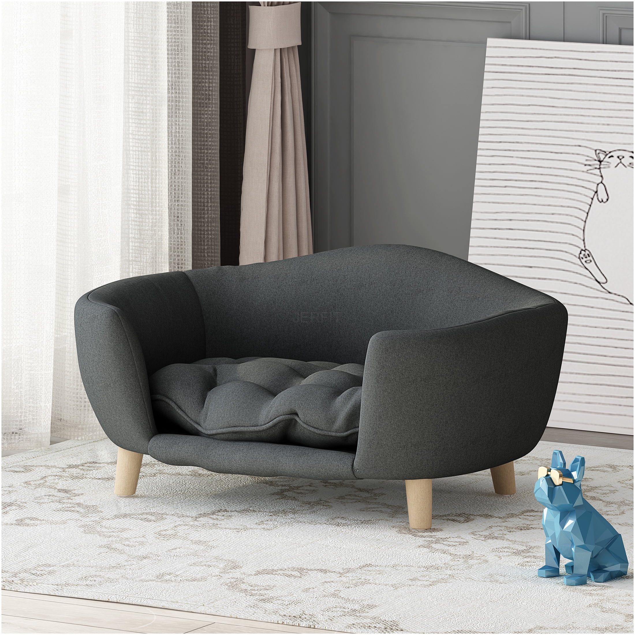 JERFIT Mid-Century Modern Dog Bed with Wood Legs, Plush Small Pet Bed for Small Dogs up to 25 lbs, Waterproof & Orthopedic Support, Washable Cover, Dark Gray