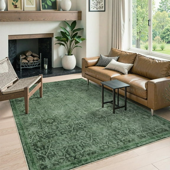 Lahome Decor 6'x9' Boho Tribe Area Rug for Living Room,6x9ft Machine Washable Rugs for Bedroom, Soft Non-Slip Low Pile Indoor Floor Accent Carpet for Office Nursery Dining Room Farmhouse- Dark Green