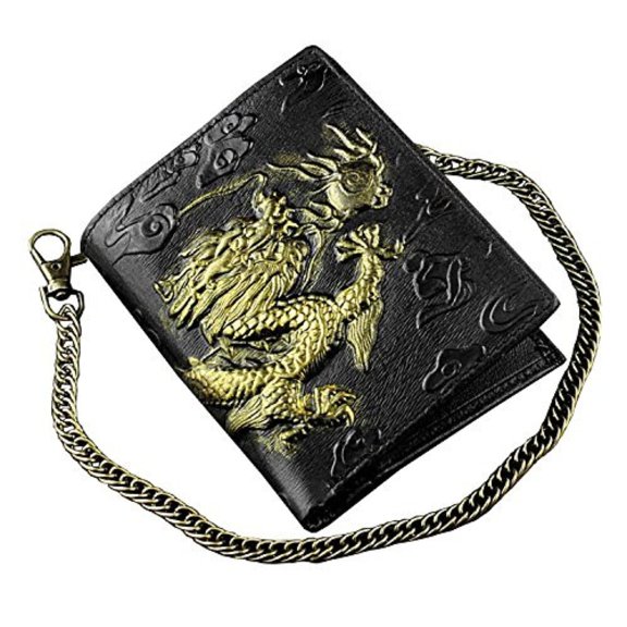 Mens 3D Dragon Vintage Luxury Leather Wallet ID Card Holder Purse w/ Chain