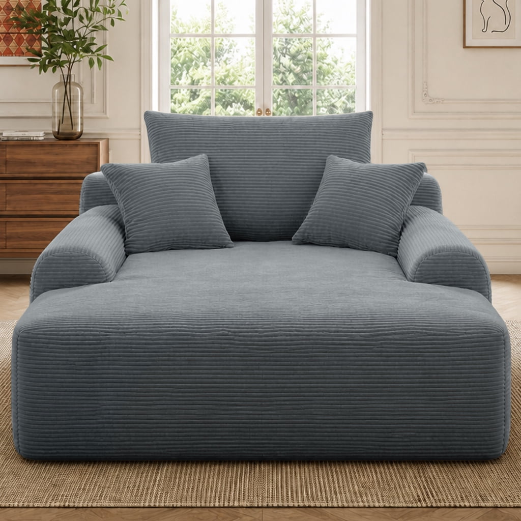 Howcool 65" Oversized Chaise Lounge Chair, Corduroy Boneless Sleeper Sofa Bed with Wide Armrest & Throw Pillows, Deep Seat Lounge Chair for Living Room, Bedroom & Apartment, Grey
