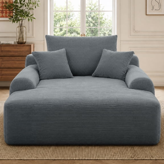 Anpport 65" Oversized Convertible Chaise Lounge Chair, Cloud Plush Corduroy Sleeper Sofa Bed with Wide Armrest & Pillows, No Assembly Required for Living Room Bedroom, Grey