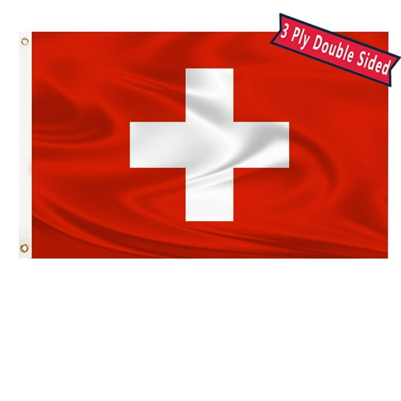 TRAHOO-Swiss Flag 3x5 Three Layer Double Sided Switzerland Flag Polyester Fiber Bright Color with Durable Canvas Header and 2 Non Fading Brass Grommets