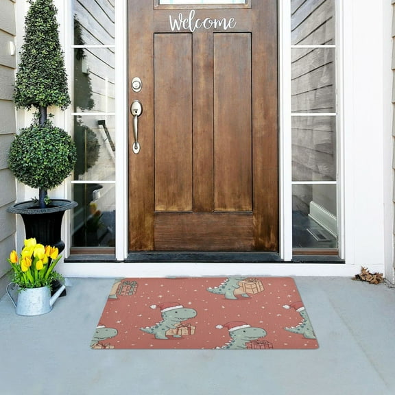 Cute Dinosaur with Christmas Hat and Gift Doormats Welcome Mats Gate Pads Entryway Outdoor 32" x 20"