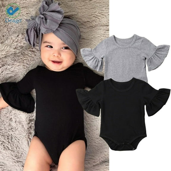Deago Toddler Baby Girls Ruffled Long Sleeve Cotton Solid Romper Bodysuit Jumpsuit Outfits Clothes (Gray)