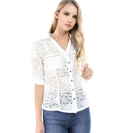 Button Magazine - Salt Tree Women's Fashion Magazine Floral Lace And Chiffon Button Front Shirt