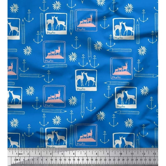 Soimoi Velvet Fabric Pencil,Anchor Hook & Deer Animal Decor Fabric Printed Yard 58 Inch Wide