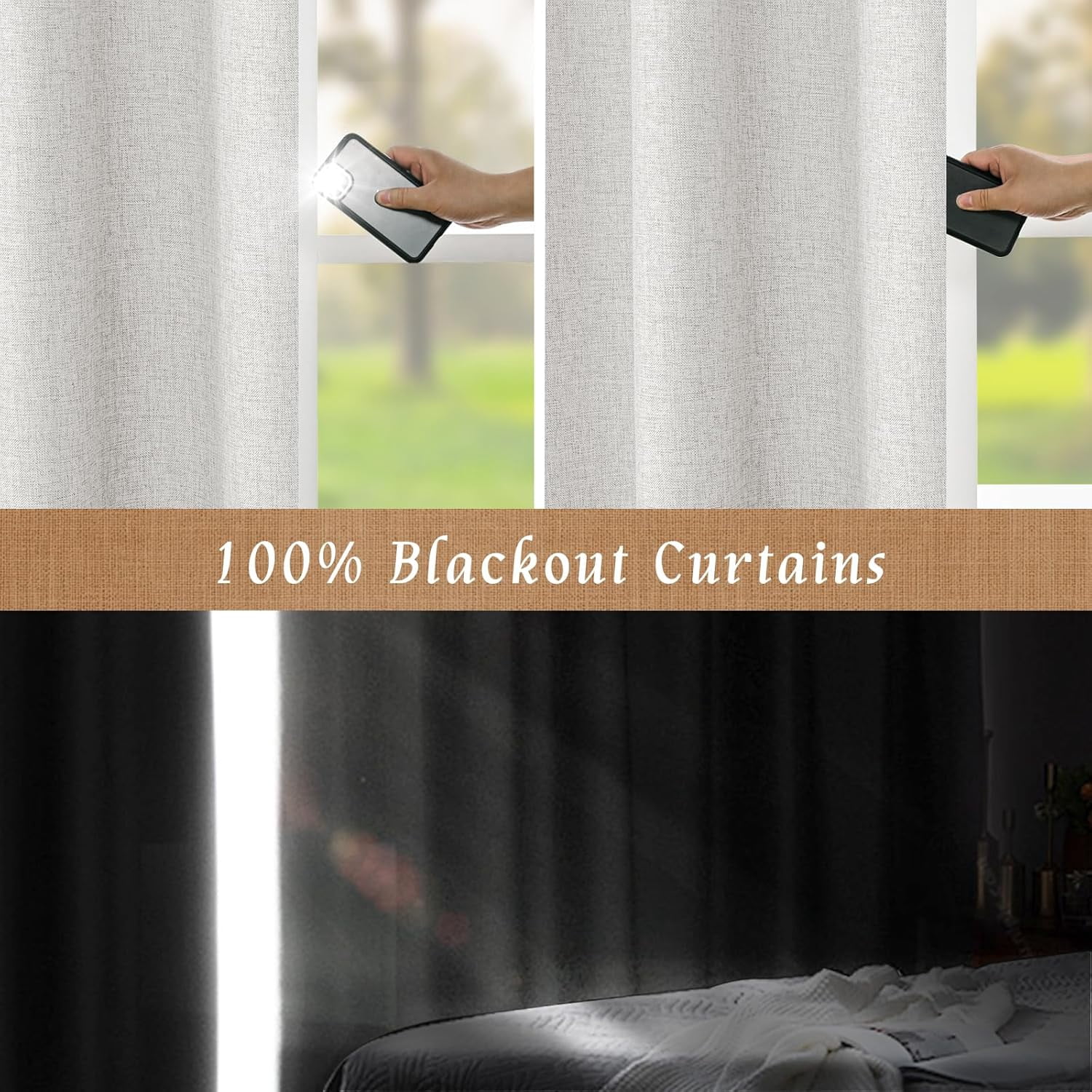 100% Blackout Natural Linen Curtains, 78 Inches Linen Textured Thermal Bedroom Curtains Back Tab and Rod Pocket Neutral Panels with White Liner for Farmhouse, 2 Panels, 52 x 78 Inch, Light Grey