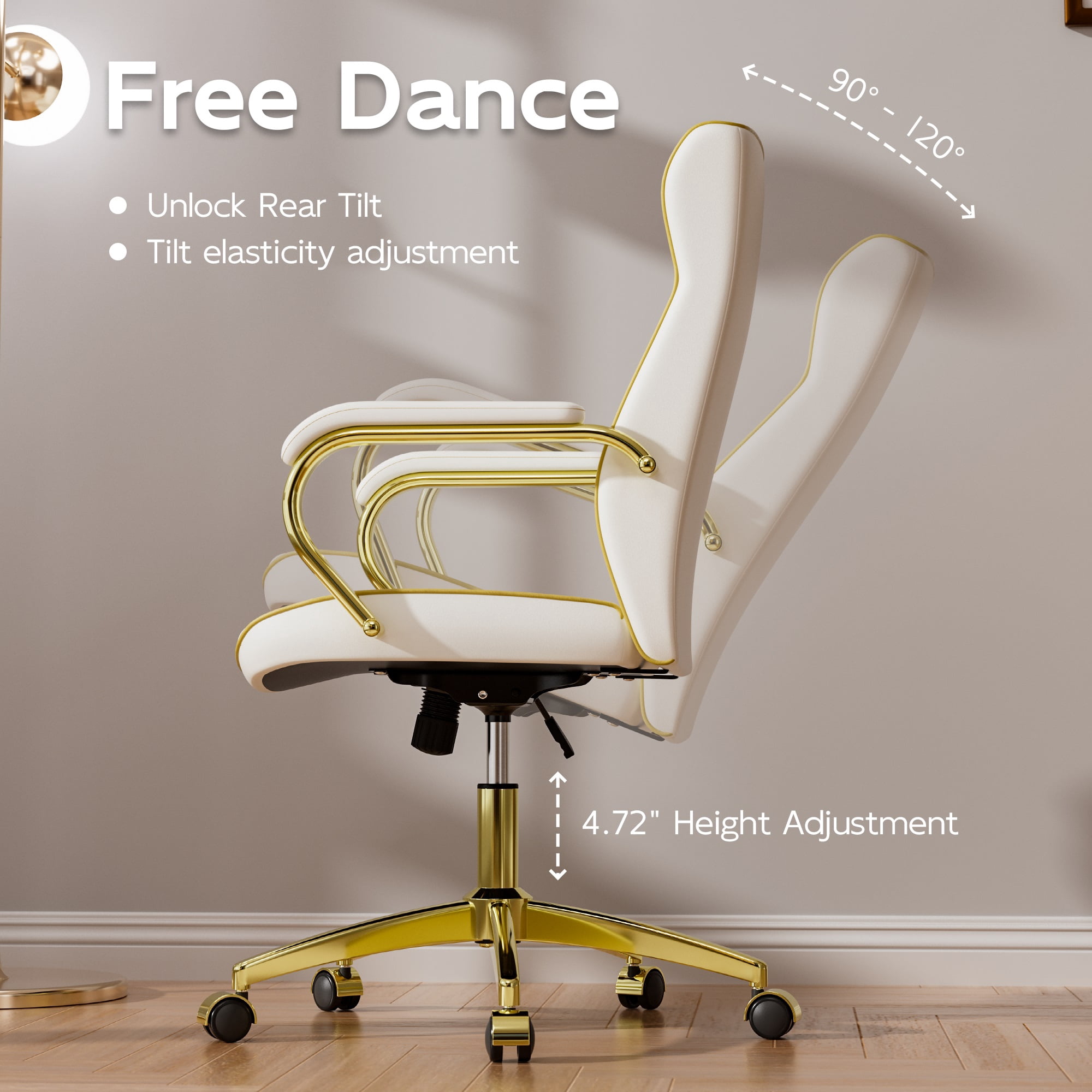 Ninecer White and Gold Office Chair with Soft Leather Embroidery, Mid Back Vintage Swivel Executive Desk Chair with Wheels and Padded Arms, Adjustable Height