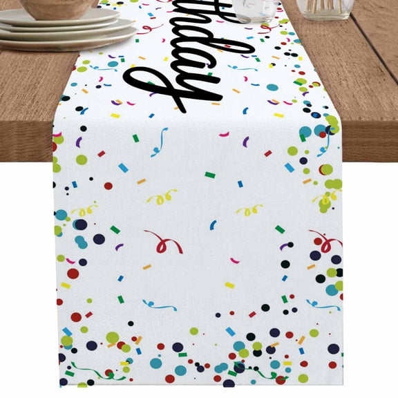 nqOlkjepod White Birthday Table Runner 48 Inches Long Farmhouse Dress Scarves, Colorful Confetti Ribbons Polka Dots Classroom Dining Tablerunner for Coffee Table/Kitchen Island/Party Décor, 13"x48"