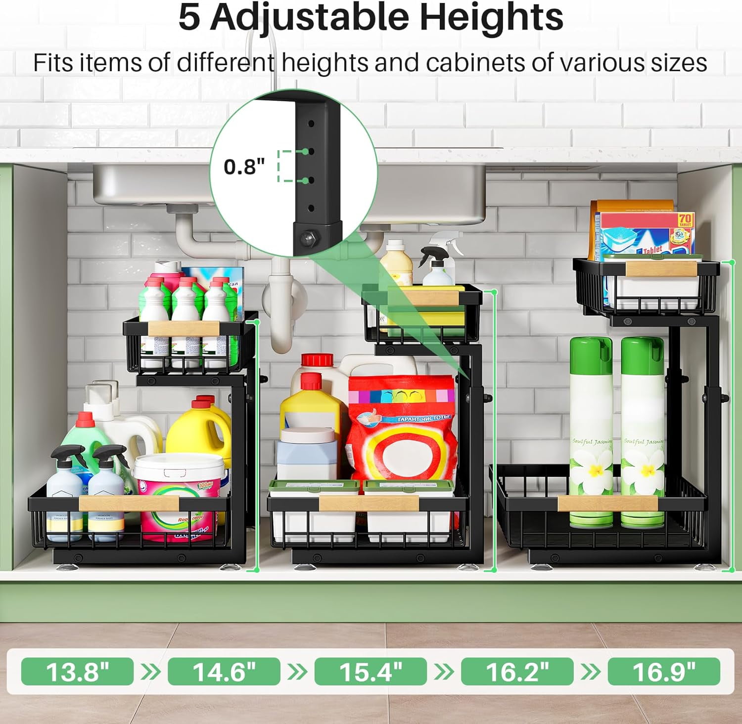 Pull out Cabinet Organizer, 2 Tier Under Sink Organizer, Slide out Metal Kitchen Cabinet Organizers Drawer Shelf, Sliding Storage Shelves for Kitchen Bathroom Pantry Cabinet Closet Organization Rack