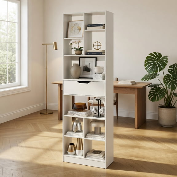 Kadyn 71inch Tall Freestanding Bookcase 10-Cube Storage Organizer with Drawer Open Shelves for Home Office Study Living Room Books Decor Display, White