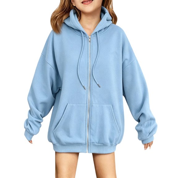 TQWQT Kids Hoodie Sweatshirt Girls Long Sleeve Zip Up Pullover Lightweight Casual Solid Color Pocket Hooded Top Children Fashion Outerwear Spring Fall Jacket Youth Boys Girls Clothing Blue 7-8 Years