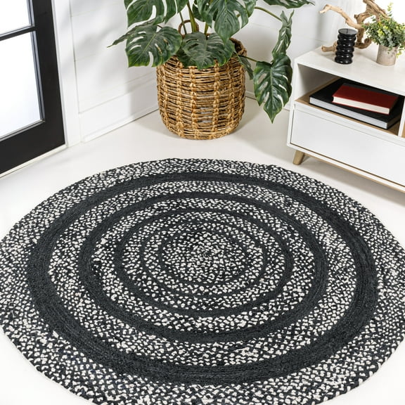 JONATHAN Y ANSA 5' Round Area Rug, Abyss Braided Bohemian Coastal Jute - Black/White, RNF117C-5R