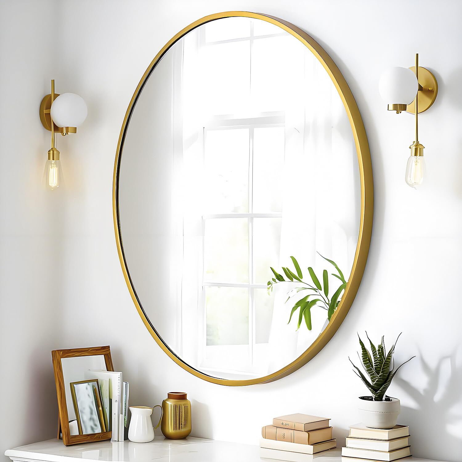 Gleamira 32"x 24" Oval Wall Vanity Mirror Bathroom Mirror with Aluminum Alloy Frame, Gold