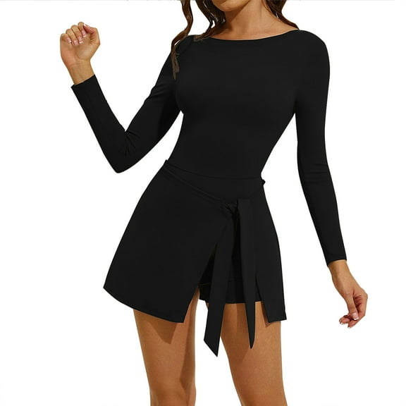 Oksale Tennis Dress for Women Trendy Wrap Skirt Faux Two Piece Mini Dresses Casual Crewneck Athletic Dress Long Sleeve Dress for Golf Black M