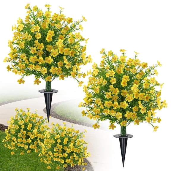 2 Pack Artificial Boxwood Topiary Ball Trees, 23" UV Resistant Faux Shrubs with Ground Spike, Realistic Yellow Floral Spheres for Outdoor Garden Porch Decor