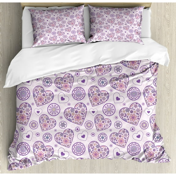 Valentines Queen Size Duvet Cover Set, Heart Outlines Filled with Artistic Spring Inspired Flower Motifs, Decorative 3 Piece Bedding Set with 2 Pillow Shams, Pale Pink Purple Yellow, by Ambesonne