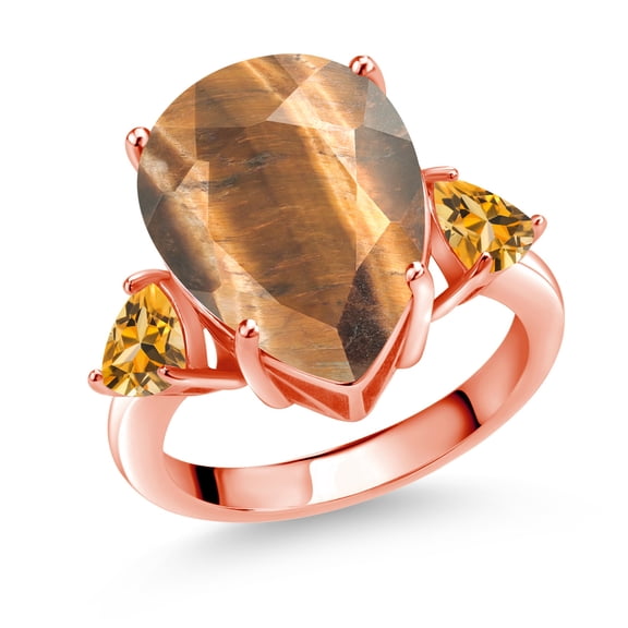Gem Stone King 7.82 Ct Pear Shape Brown Tiger Eye Yellow Citrine 18K Rose Gold Plated Silver Ring (Size 6)