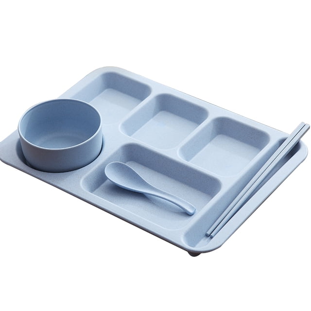 EeaseMX Juego de cuencos creativos de paja de trigo, exquisita bandeja para la cena, platos de arroz a prueba de caídas, platos separados y cubiertos (azul)