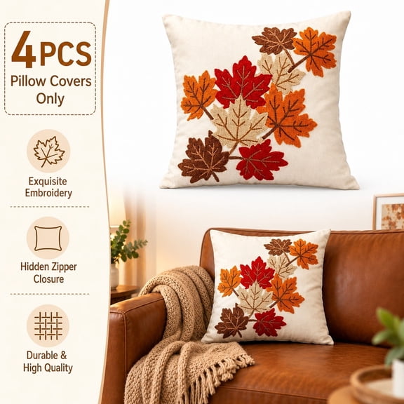 4 PCS Fall Maple Leaf Embroidered Pillow Covers, 45x45cm Autumn Cushion Covers for Sofa, Couch & Thanksgiving Home Decor