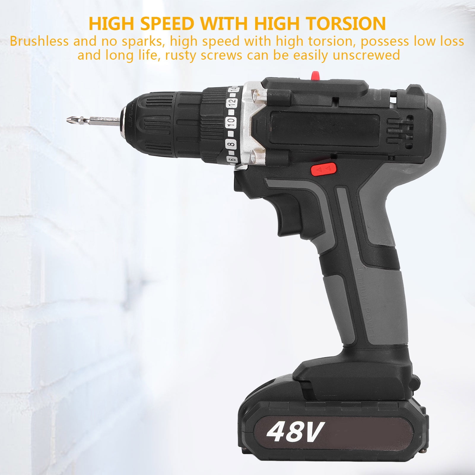 48V Cordless Drill,Electric Power Drill Set with 2 Batteries, 2 Variable Speed and Built-in LED