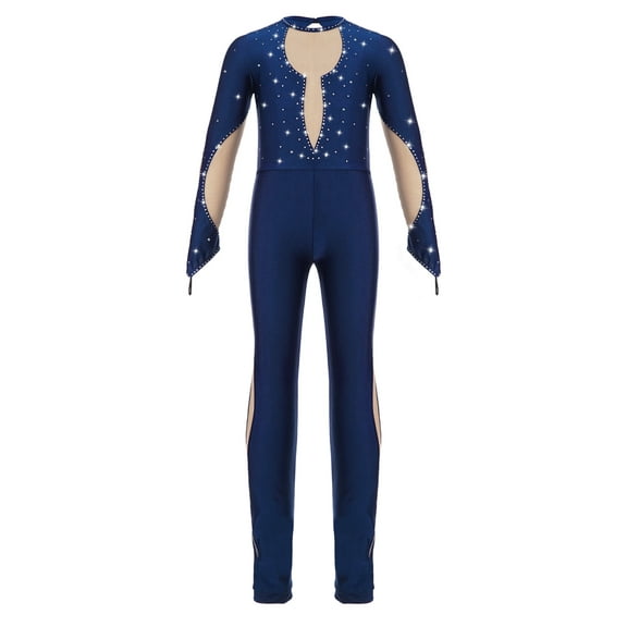Zaldita Girls Rhinestone Gymnastic Jumpsuit One Piece Full Body Long Sleeve Gymnastics Leotards Dance Bodysuit for Kids Navy Blue 8