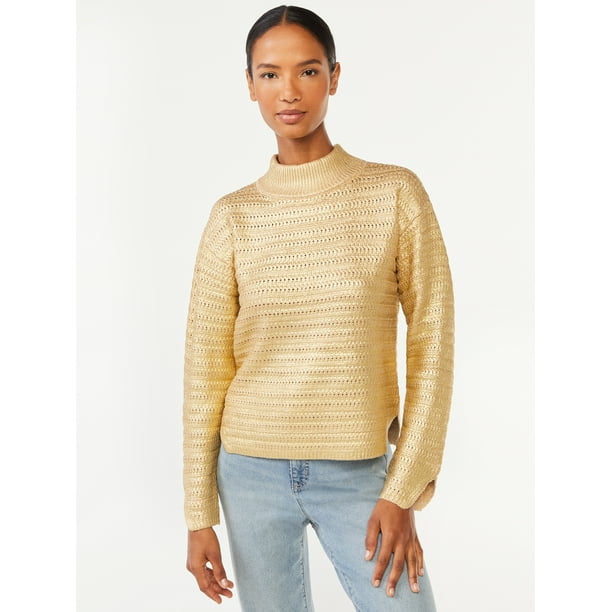 Style Co Womens Metallic Threaded Turtleneck Sweater Yellow Size Petite Small 1