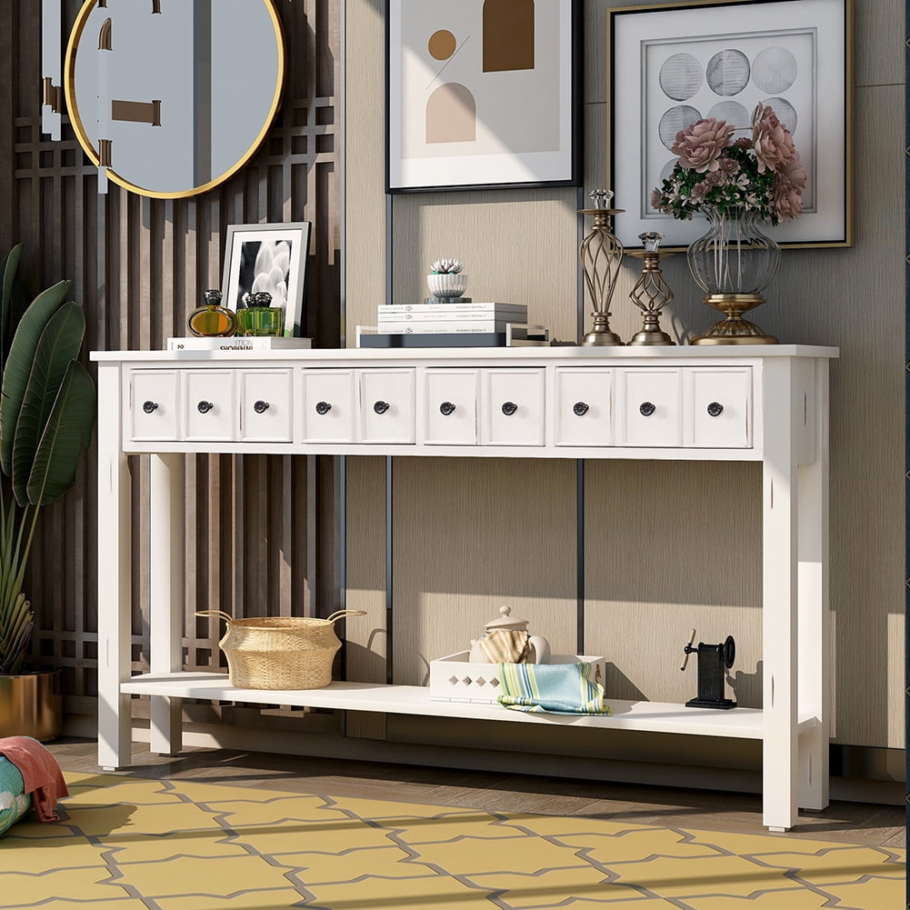 Lowestbest Entryway Console Table, 60" Long with 4 Drawers and Bottom Shelf for Storage (Antique White) Lowestbest Entryway Console Table, 60" Long with 4 Drawers and Bottom Shelf for Storage (Antique White)
